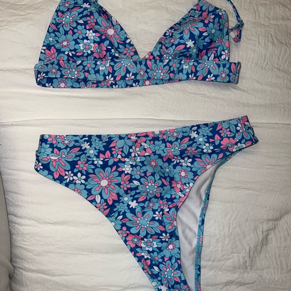 Floral Bikini Set in Blue and Pink